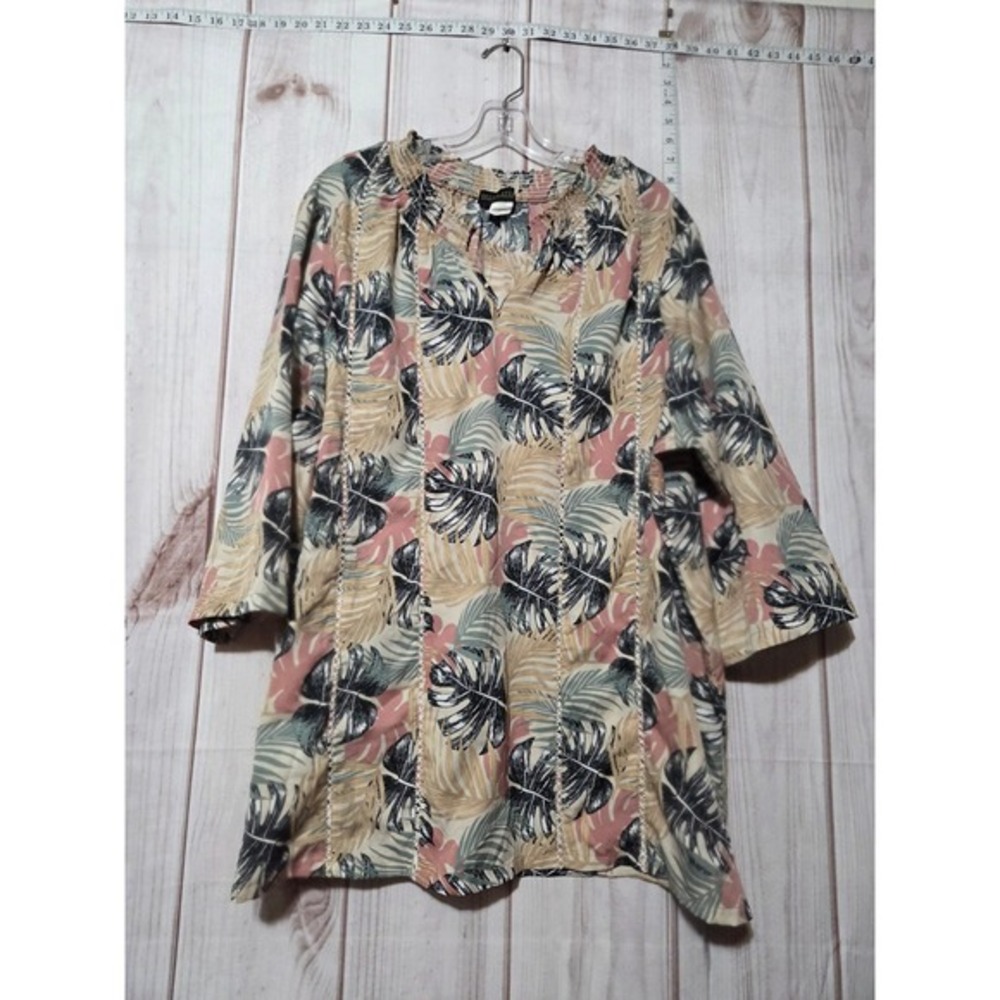 Tropical Floral Print Tunic Ladies 3x Shirt Smocked Neckline 3/4 Sleeve Resort